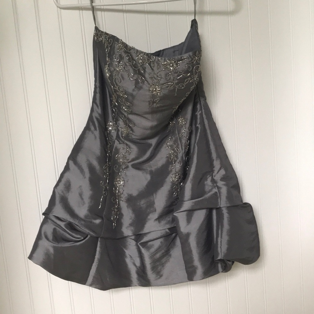 Silver strapless formal dress